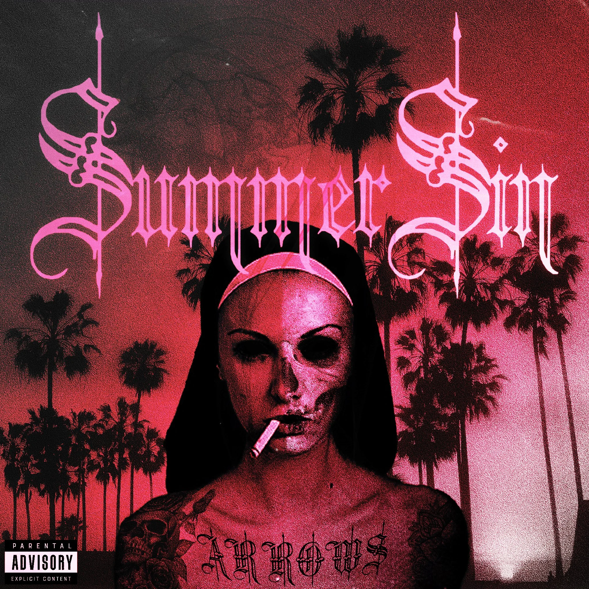 Album cover featuring a woman's portrait with half a skull face, tattoos, a cigarette in mouth, and a pink palm tree background with bold pink gothic text that reads 'Dangerous.'