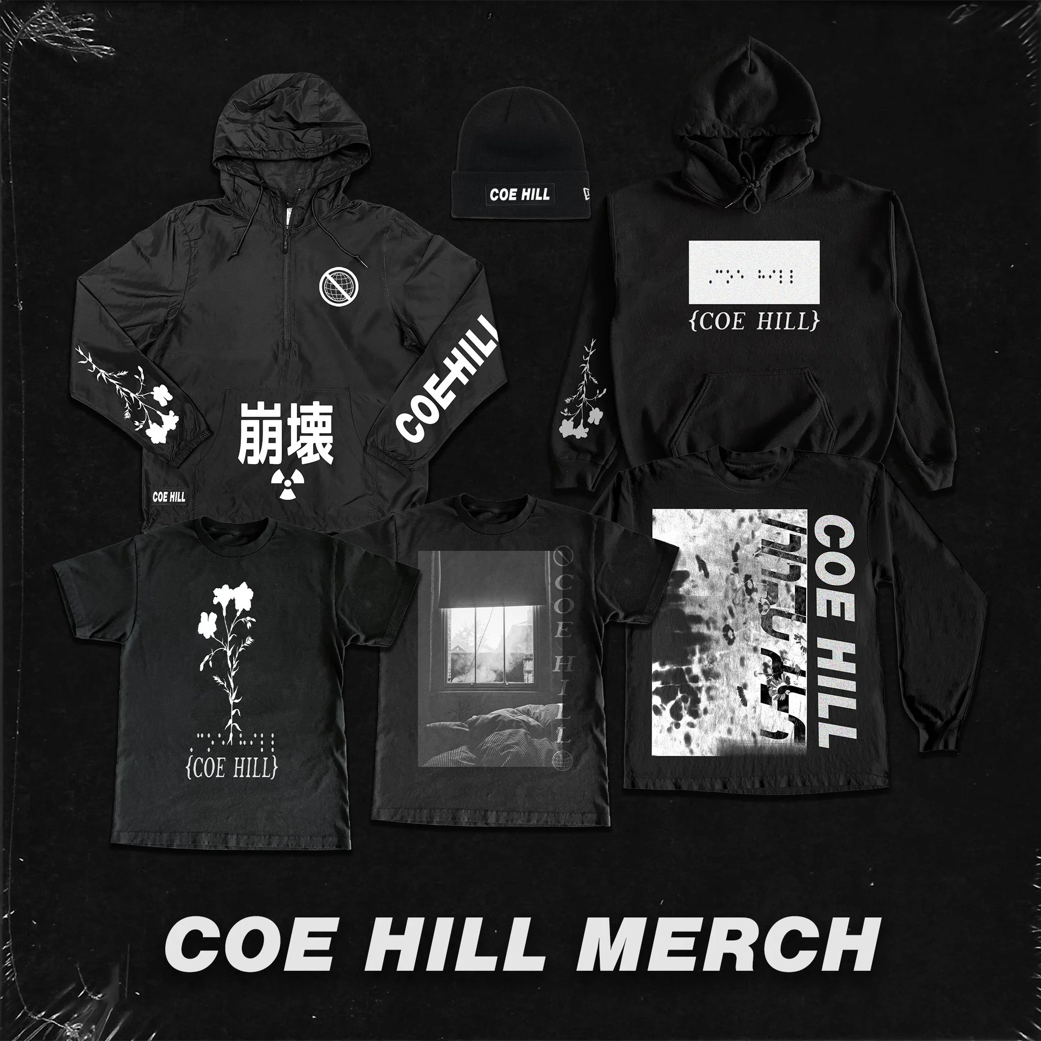 Collection of black and white clothing items and accessories featuring 'COE HILL' branding, including hoodies, t-shirts, and a beanie, arranged on a black background.