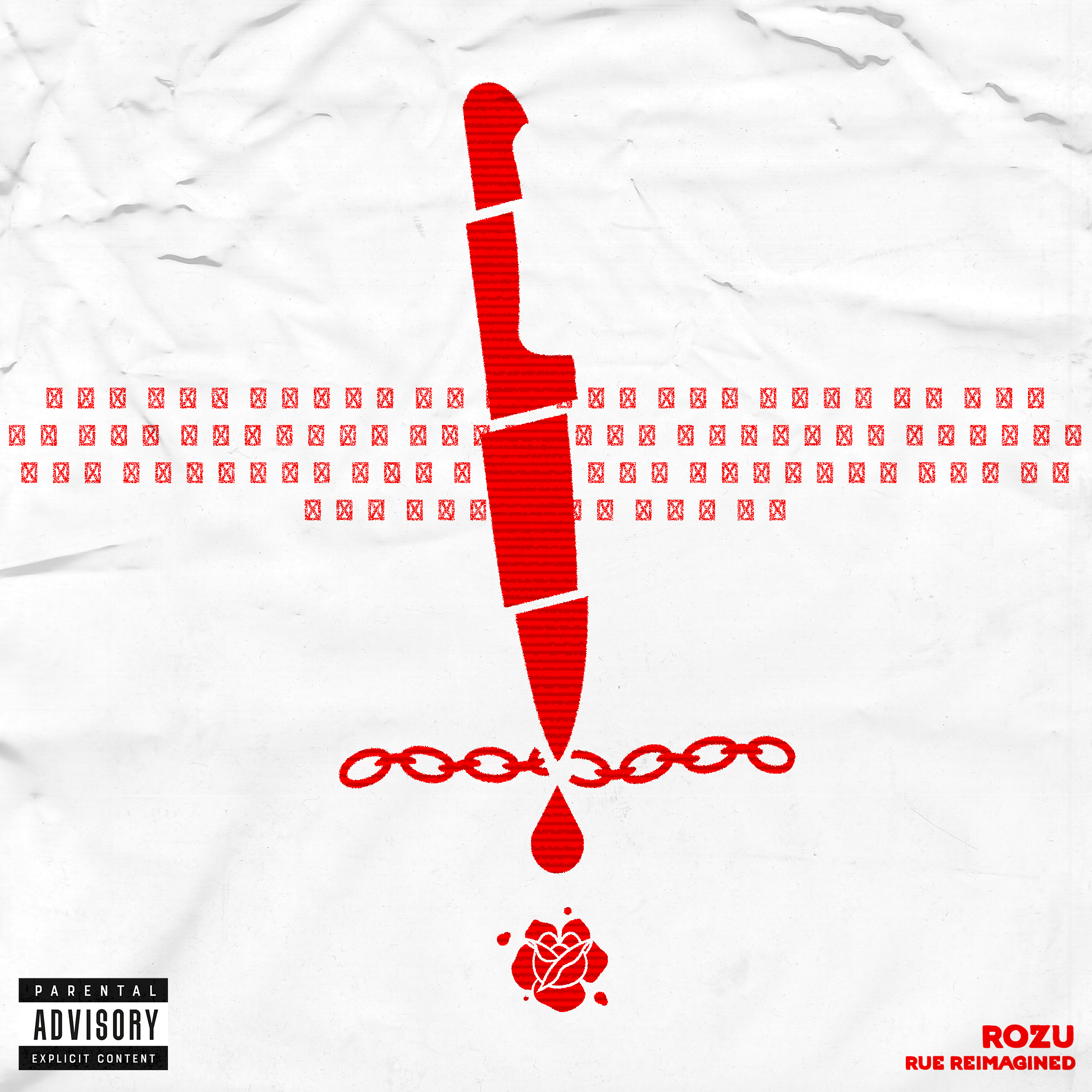 Red knife with a drop of blood below it, chain links beneath the blood, and a pink rose at the bottom, with a grid of red squares behind the knife, and the text 'ROZU, RUE REIMAGINED' in red at the bottom right corner.