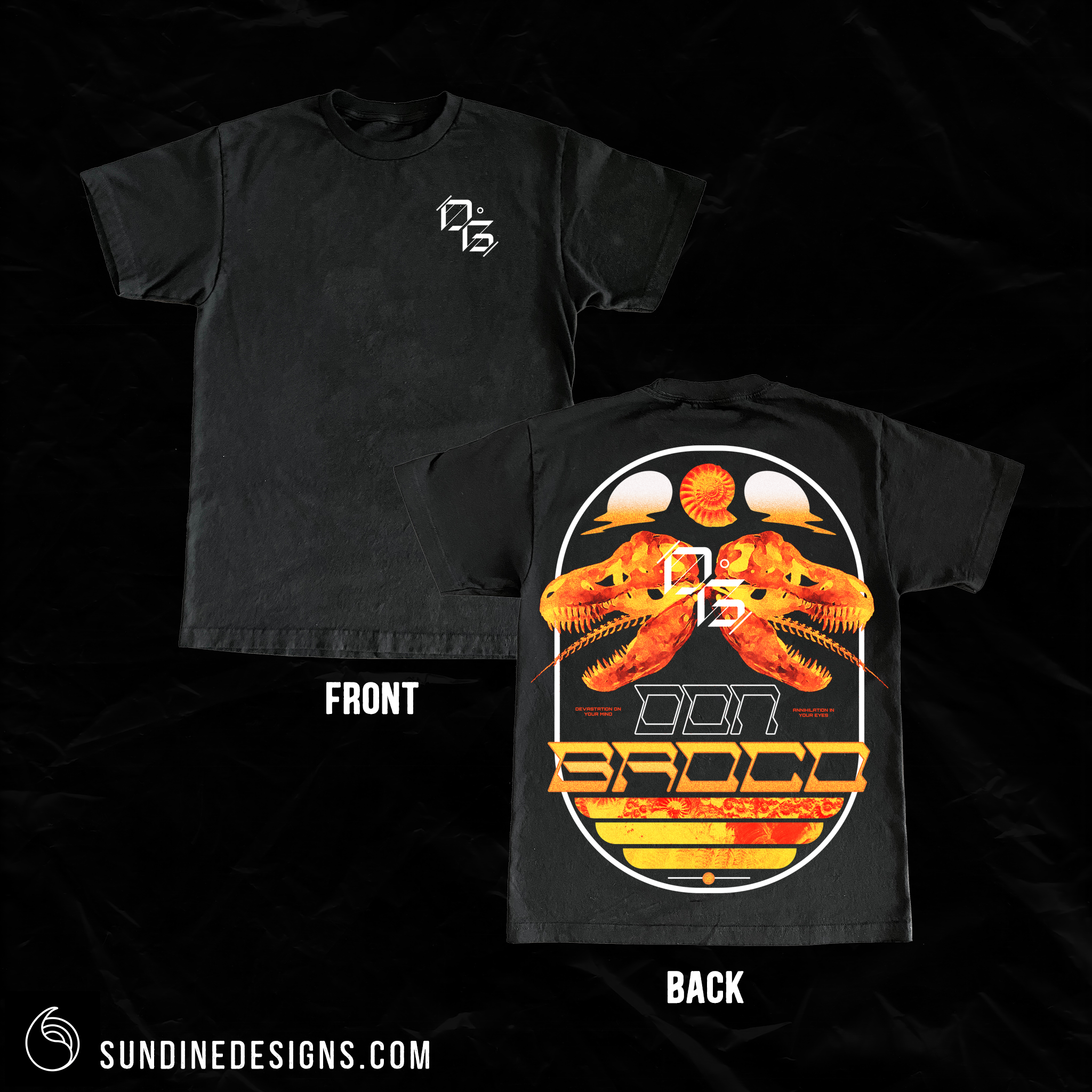 Black t-shirt with a front small white logo and a large colorful graphic on the back featuring a dinosaur skull, a sun, and sunset-like stripes with the words 'DON BACCO'