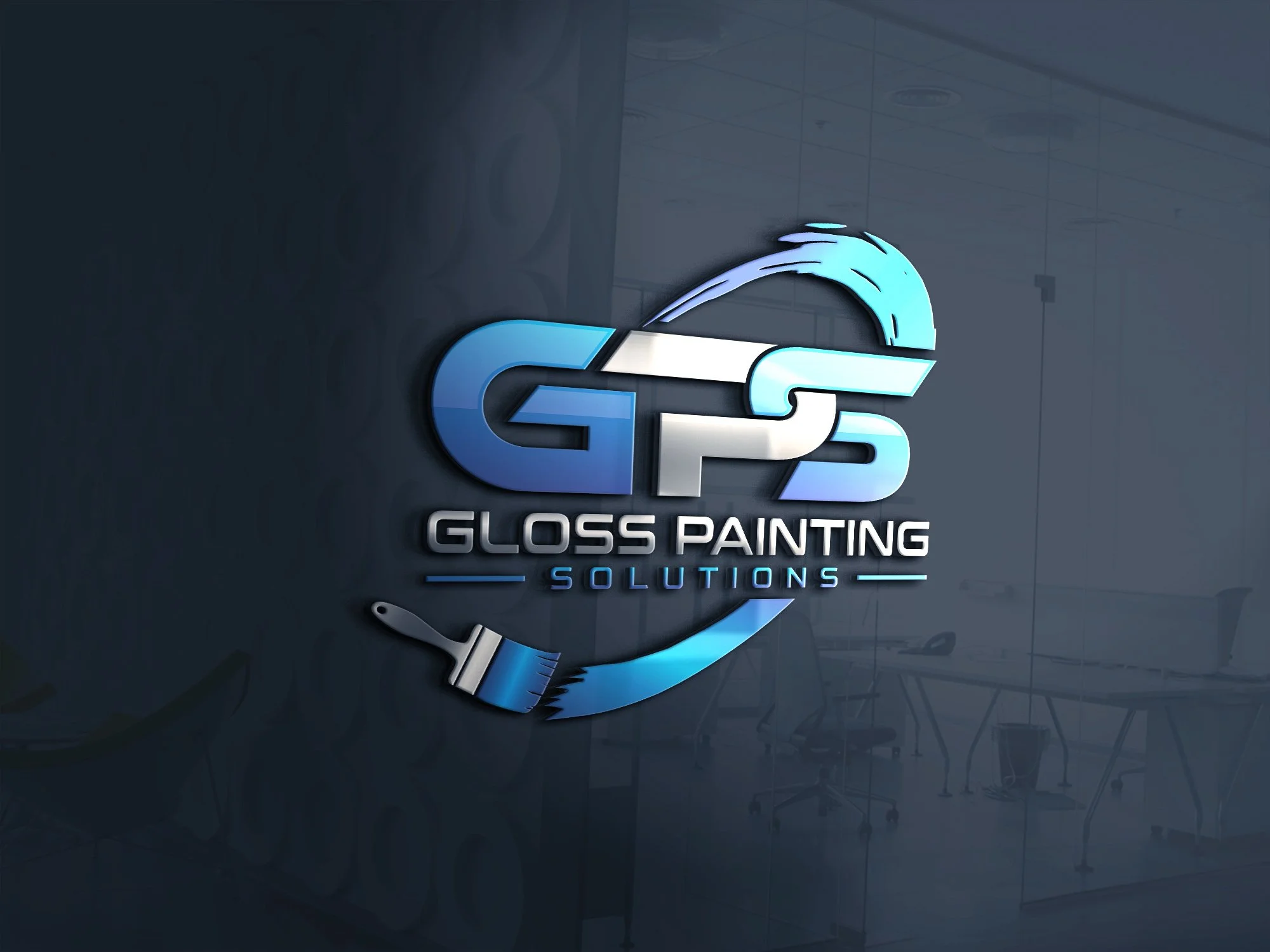 Gloss Painting Solutions logo with stylized G, P, and S letters, a paintbrush, and a swoosh in shades of blue, on a reflective dark blue wall.