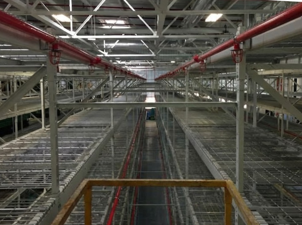 View of a large industrial or warehouse storage space with multiple metal shelves, pipes, and scaffolding. The perspective is looking straight down an aisle.