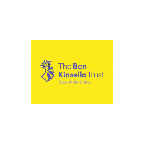 Logo of The Ben Kinsella Trust with a stylized sword and skull graphic, yellow background, and text promoting stopping knife crime.