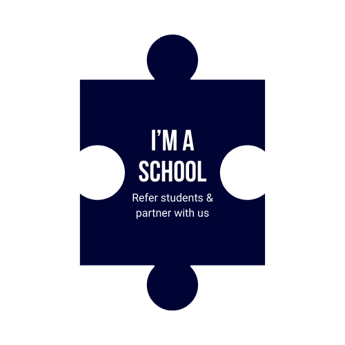 A dark blue puzzle piece with the text "I'M A SCHOOL" and a smaller line saying "Refer students & partner with us."