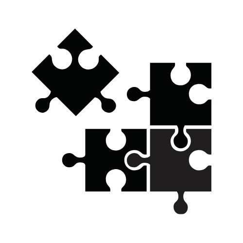 A jigsaw puzzle with four black pieces, one grey piece, and one black piece with a missing corner.