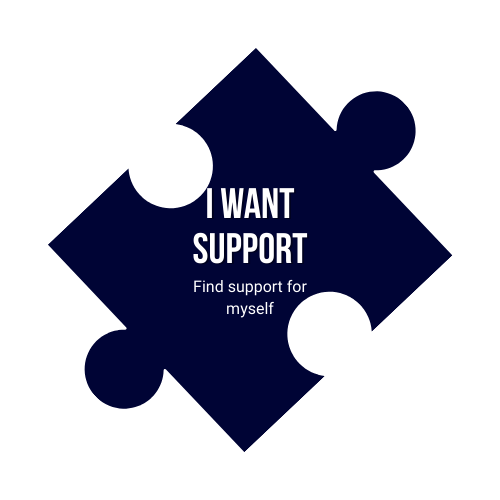 A dark puzzle piece with the text 'I WANT SUPPORT. Find support for myself' centered on it.