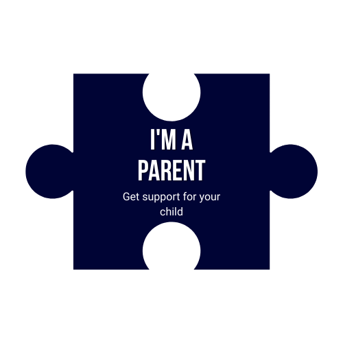 A dark blue puzzle piece with white text that reads 'I'M A PARENT' and 'Get support for your child'.
