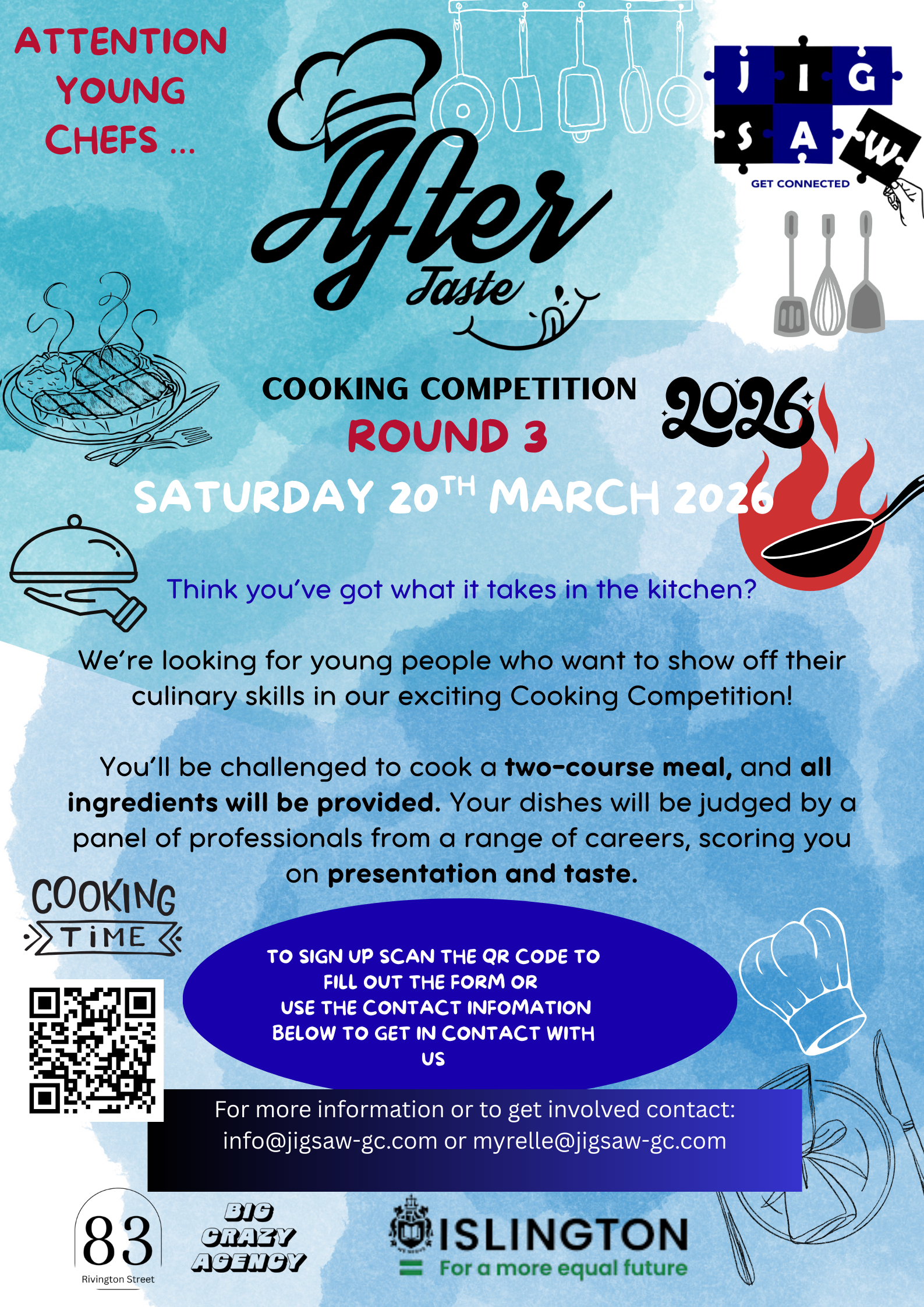 Invitation poster for a cooking competition called 'After Taste' targeting young chefs, scheduled for Saturday, March 20, 2026. The event is organized by Jigsaw, ISLINGTON, and Big Crazy Agency. It features illustrations of kitchen utensils, a chef's hat, a steaming dish, a cloche, and a frying pan, with a light blue background and descriptive event details.