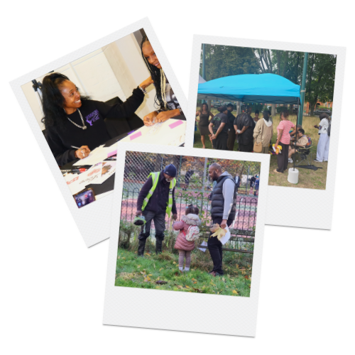 Collage of three photos: a woman and girl exchanging a handshake, a group gathered under a blue canopy tent, and a man and woman with a young girl in a park.
