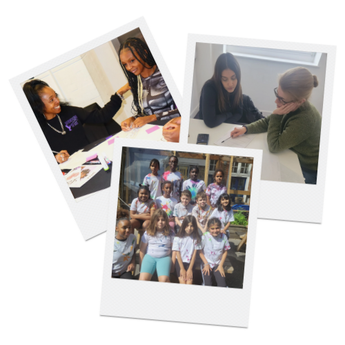 Three Polaroid-style photos: one with two women talking at a table, another with two women having a conversation, and a group of children sitting outside in front of a building.
