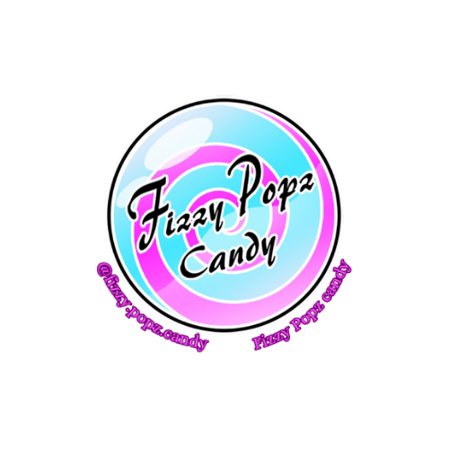 Fizzy Popz Candy logo with pink and blue swirl design and the brand name written in stylized font.