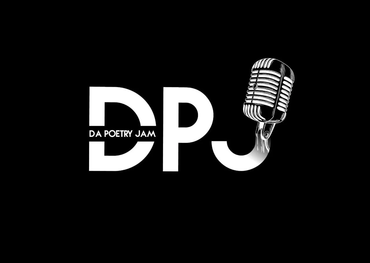 Black background with large white letters 'D' and 'P' and smaller text 'DA POETRY JAM' between the 'D' and 'P'. A vintage microphone graphic to the right of the letters.