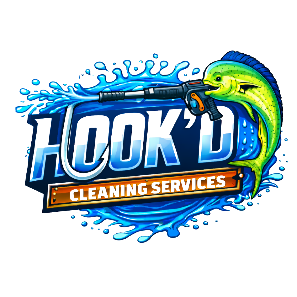 Logo for Hook D Cleaning Services with a fish holding a power washer, spraying water, and the company name prominently displayed.