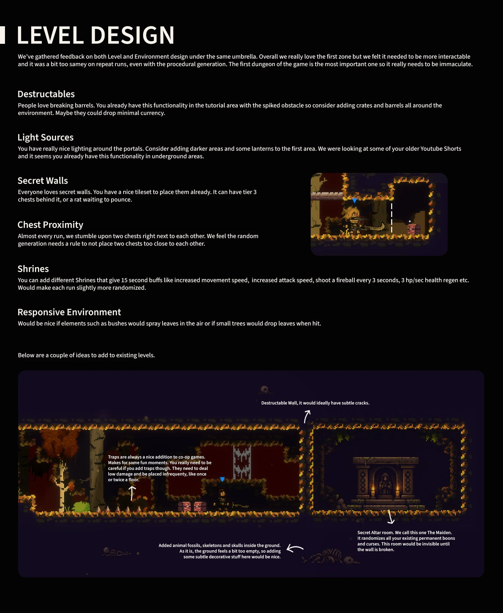 Screenshot of a game tutorial page with text and pixel art images, discussing level design ideas such as destructible walls, secret rooms, and environmental elements.
