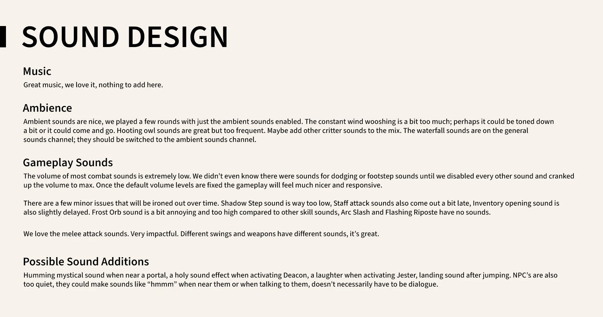 Document titled 'Sound Design' with sections on Music, Ambience, Gameplay Sounds, and Possible Sound Additions. The text discusses various sound elements in a game, including music preferences, ambient sounds, combat sounds, and potential sound effects like mystical or portal sounds.