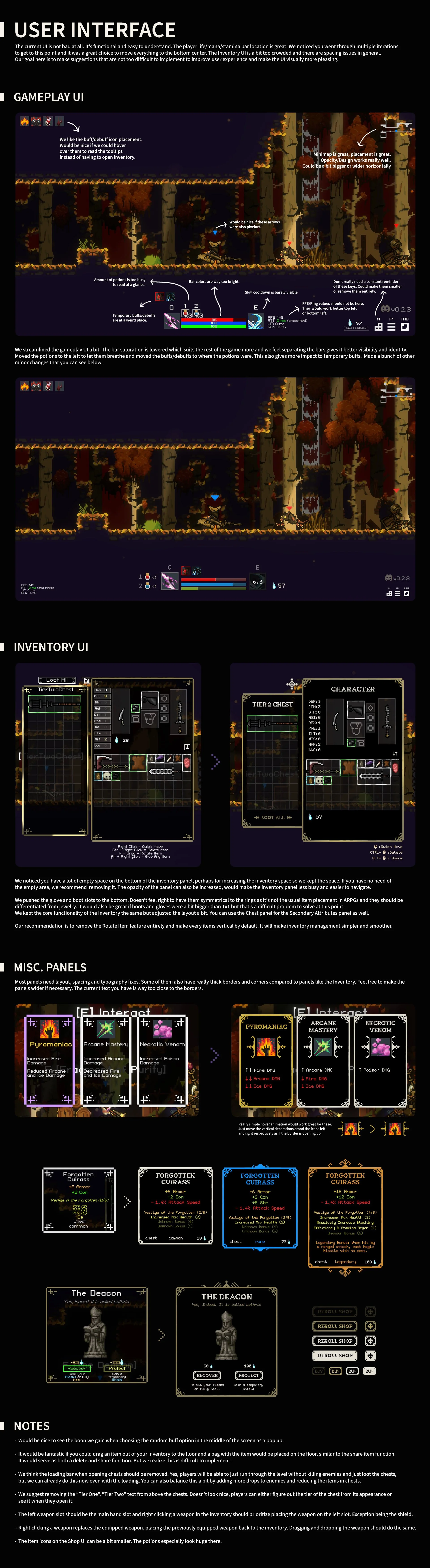 A guide to game interface and inventory UI in a pixel art style game, with explanations for enemy placement, health bars, item management, and panel customization.