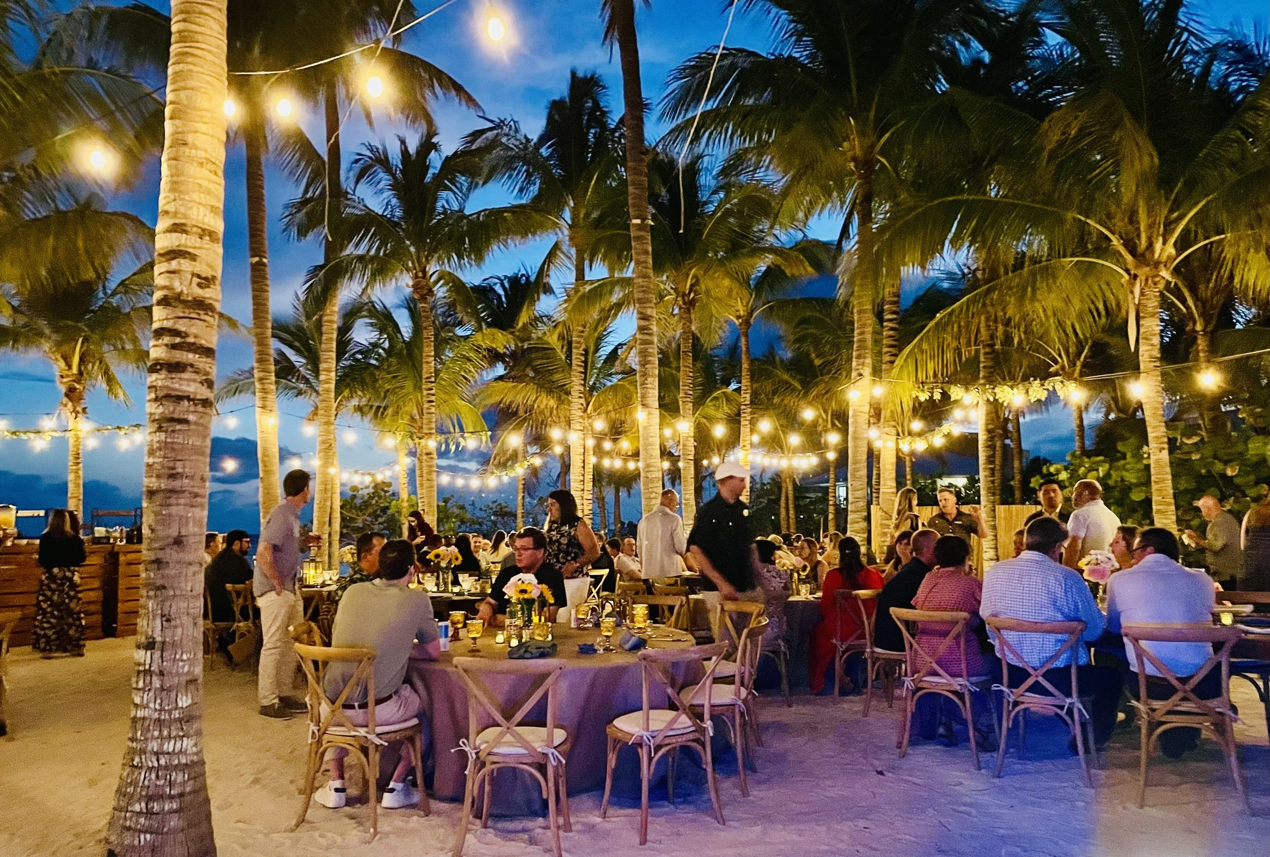 An outdoor evening dining scene with live music played by a steel drum player, multiple round tables, decorated with flowers and candles, under string lights among tall palm trees.  Isla Bella Beach Resort, Marathon Florida, Florida Keys