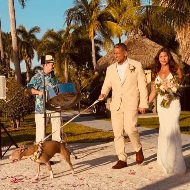 A couple getting married outdoors on a beach with palm trees in the background, holding hands, with a musician playing a steel drum nearby. Sunset Beach (also known as Sunset Park Beach) , at Key Colony Beach, Florida. In the Florida Keys.