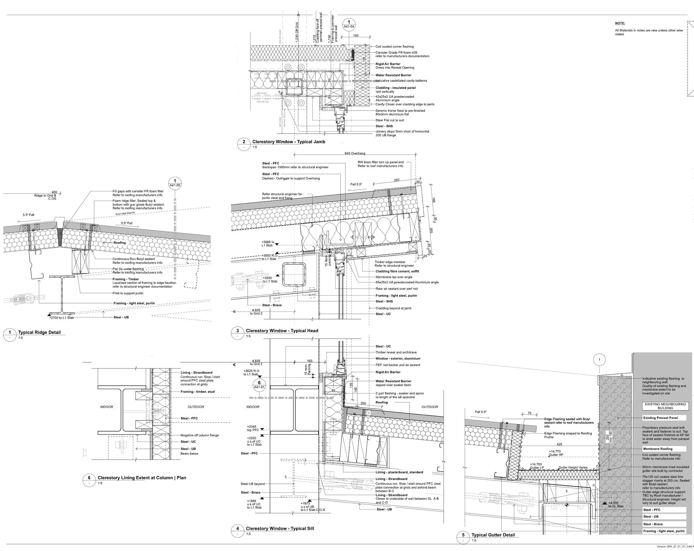 Blueprint of clerestory window, ridge detail, roof, wall, and gutter construction for a building.