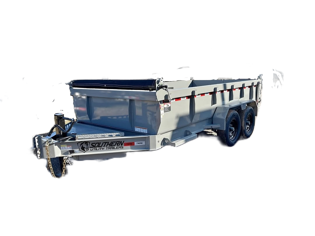 Silver utility trailer with dual axles and a black tarp cover, labeled 'Southern Utility Trailers' on the front, equipped with a hitch and safety chains.