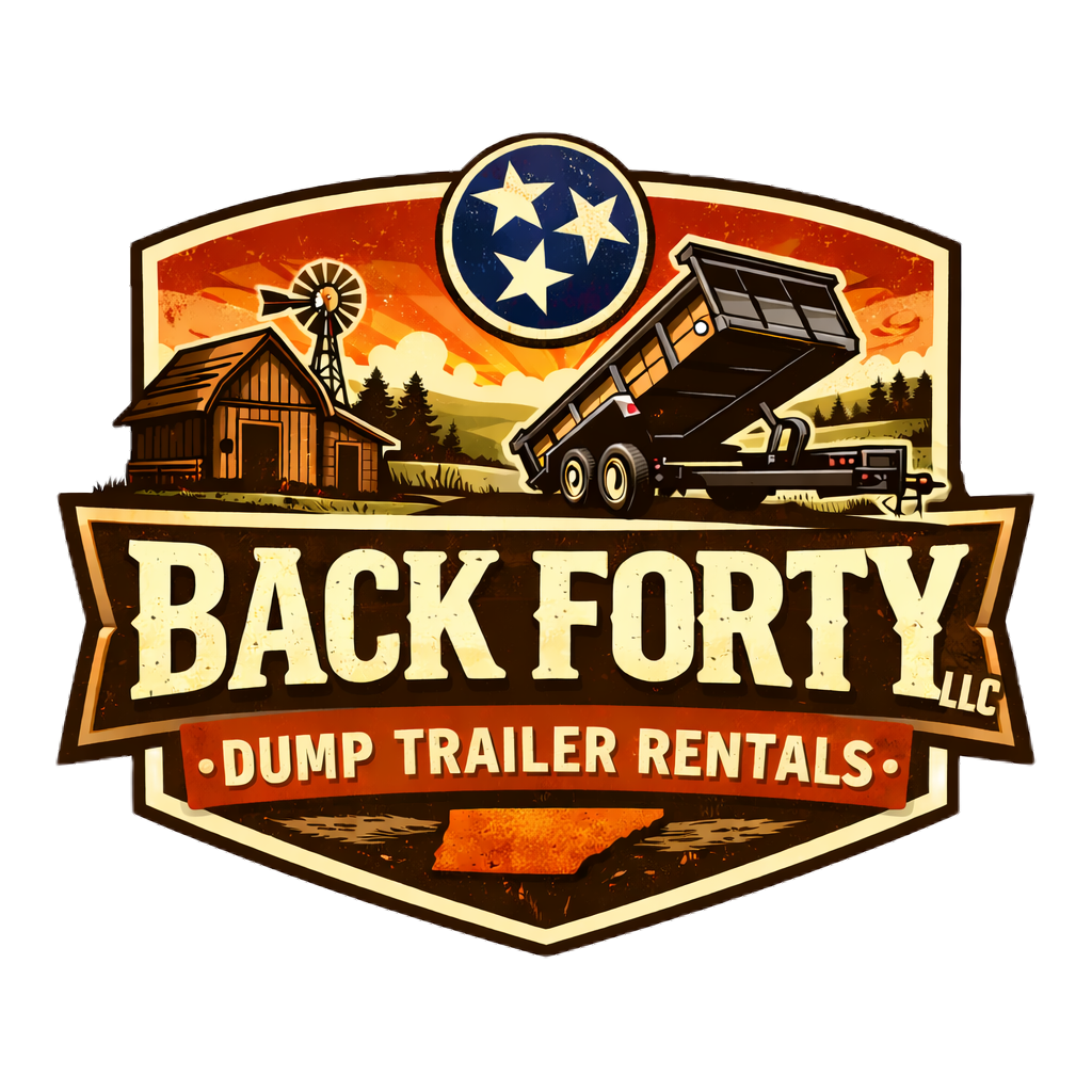Logo for Back Forty LLC Dump Trailer Rentals featuring a rural scene with barn, windmill, and dump trailer, with a starry circle at the top and the state of Tennessee at the bottom.
