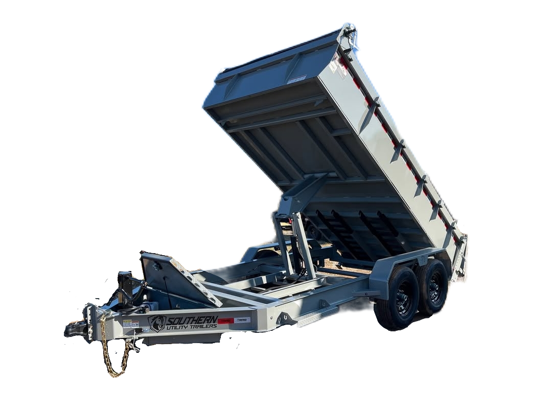 A silver dump trailer with a raised bed, attached to a hitch and wheels, used for transporting and dumping materials.