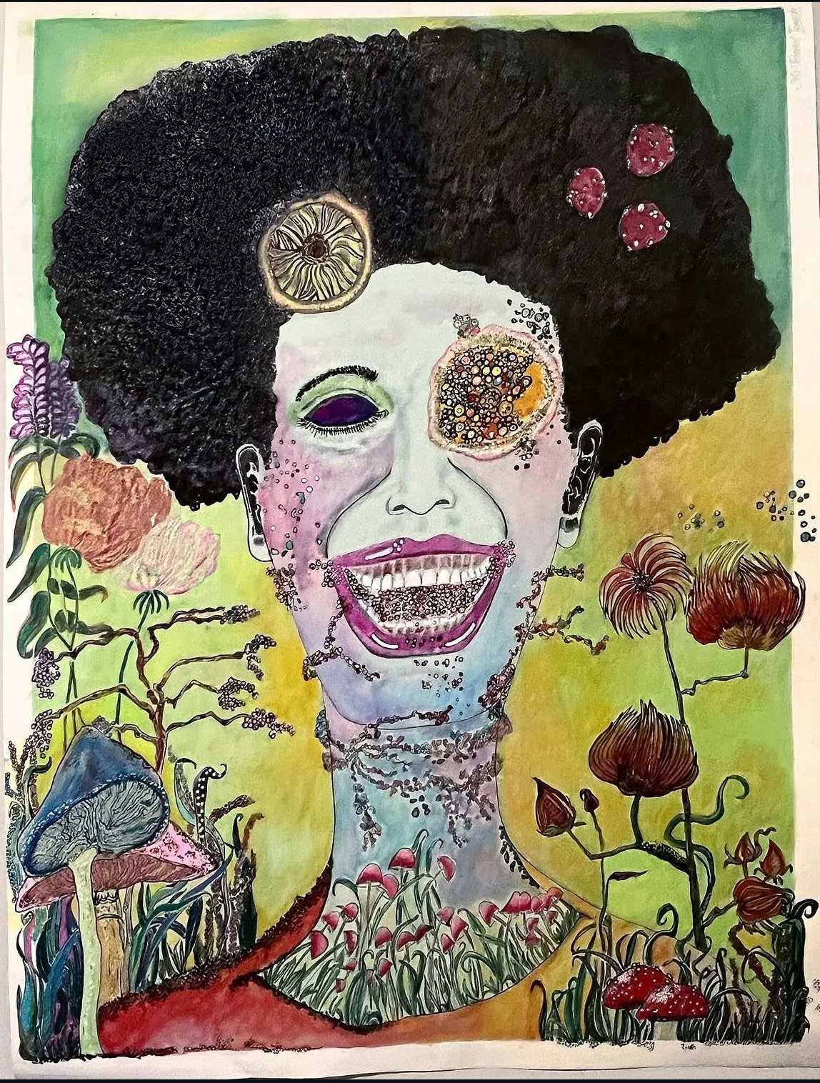 Title: Moriendo Renascimur, 2023.
(In dying, we are reborn)
Pen, colored-pencil, pastel and marker.

Art photographed by: Jennifer Packard