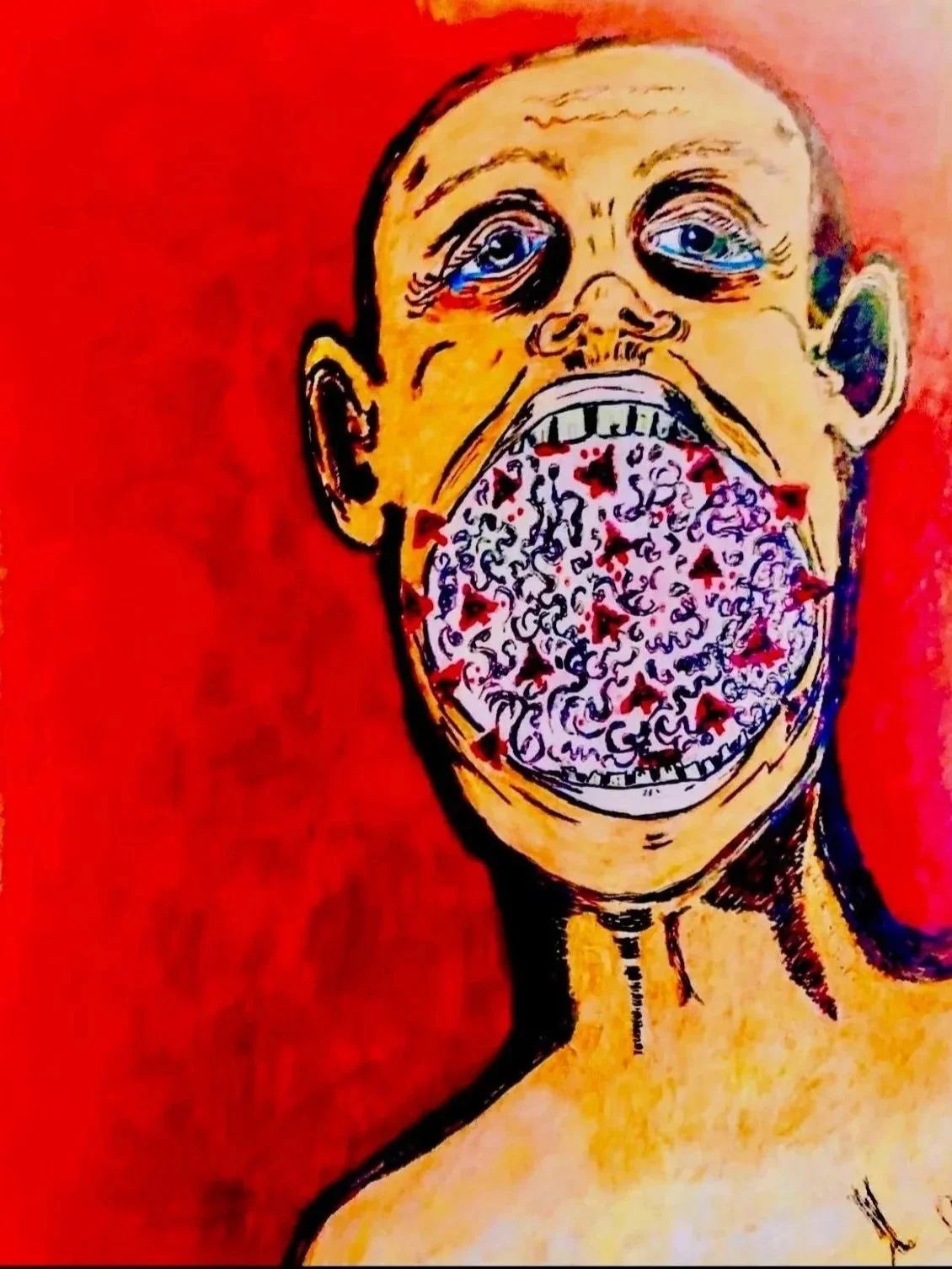 Title: triangulo sangre, 2020.
Ink, colored-pencil, and marker.

Artwork photographed by: Jennifer Packard