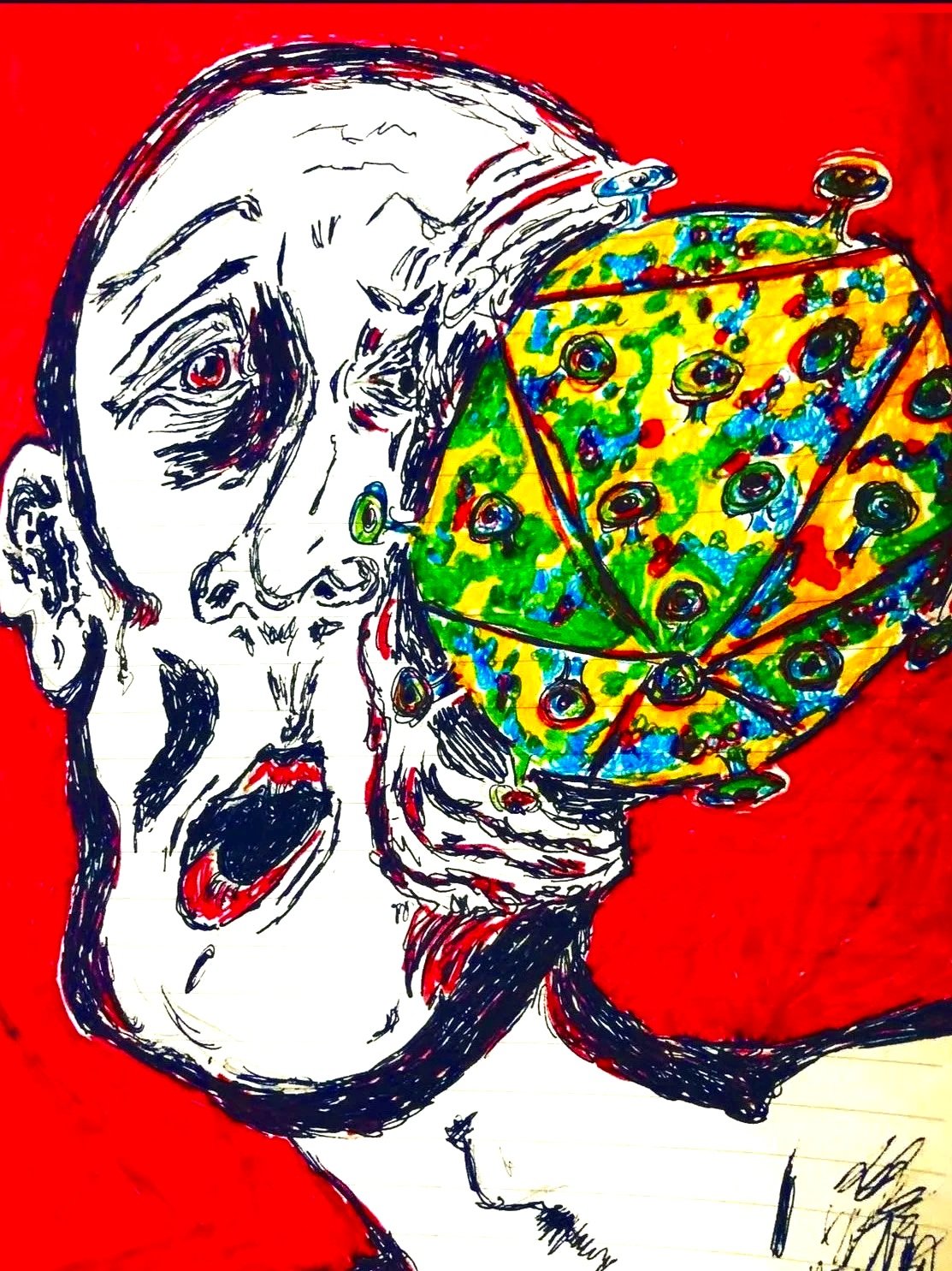 Title: Contagion, 1984.
Ink, colored-pencil, and marker.
Created in 2020 during the pandemic.

Art photographed by: Jen Packard