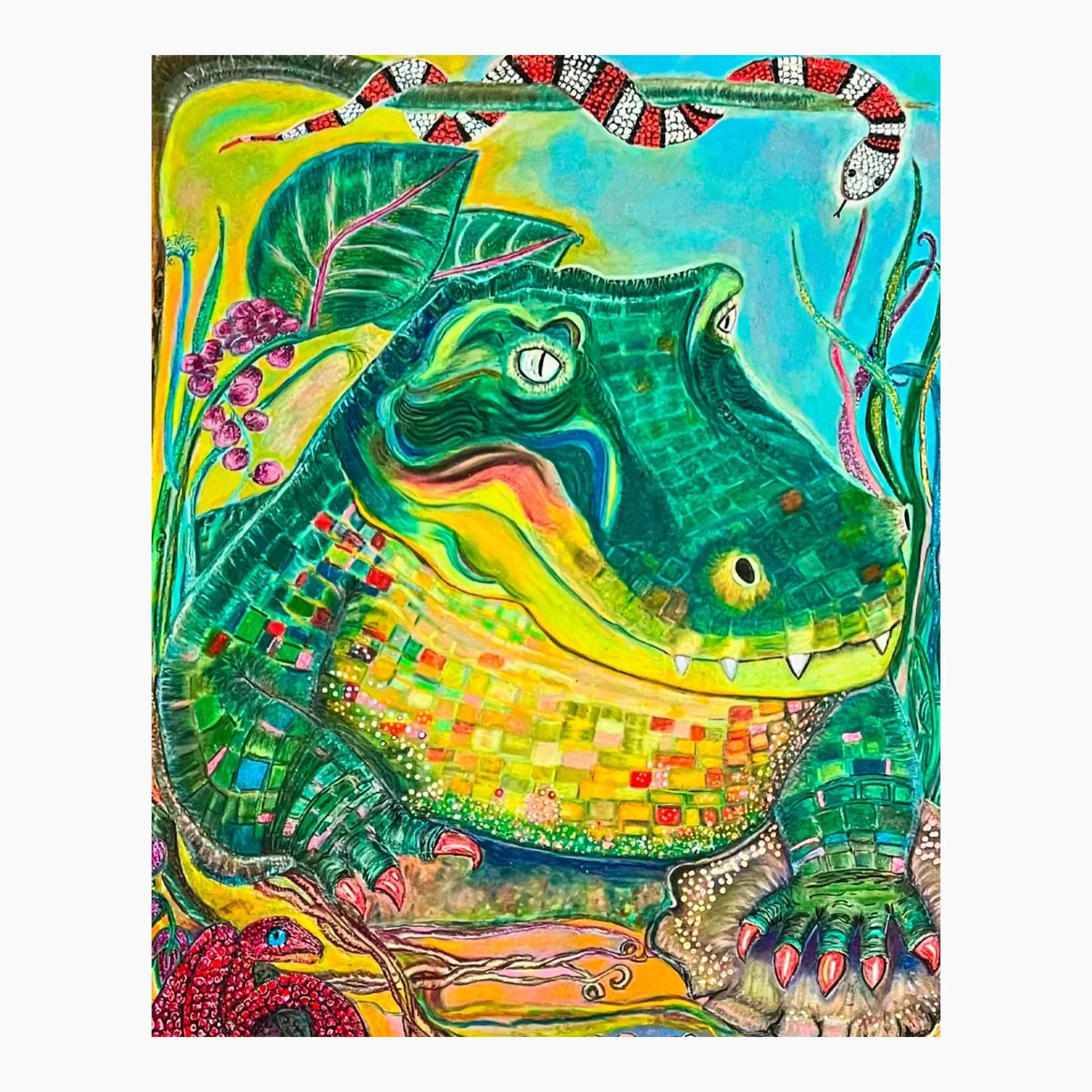Title: Swamp Puppy (2024) SOLD
Oil pastels, pen, colored pencils, and metallic markers on paper.
