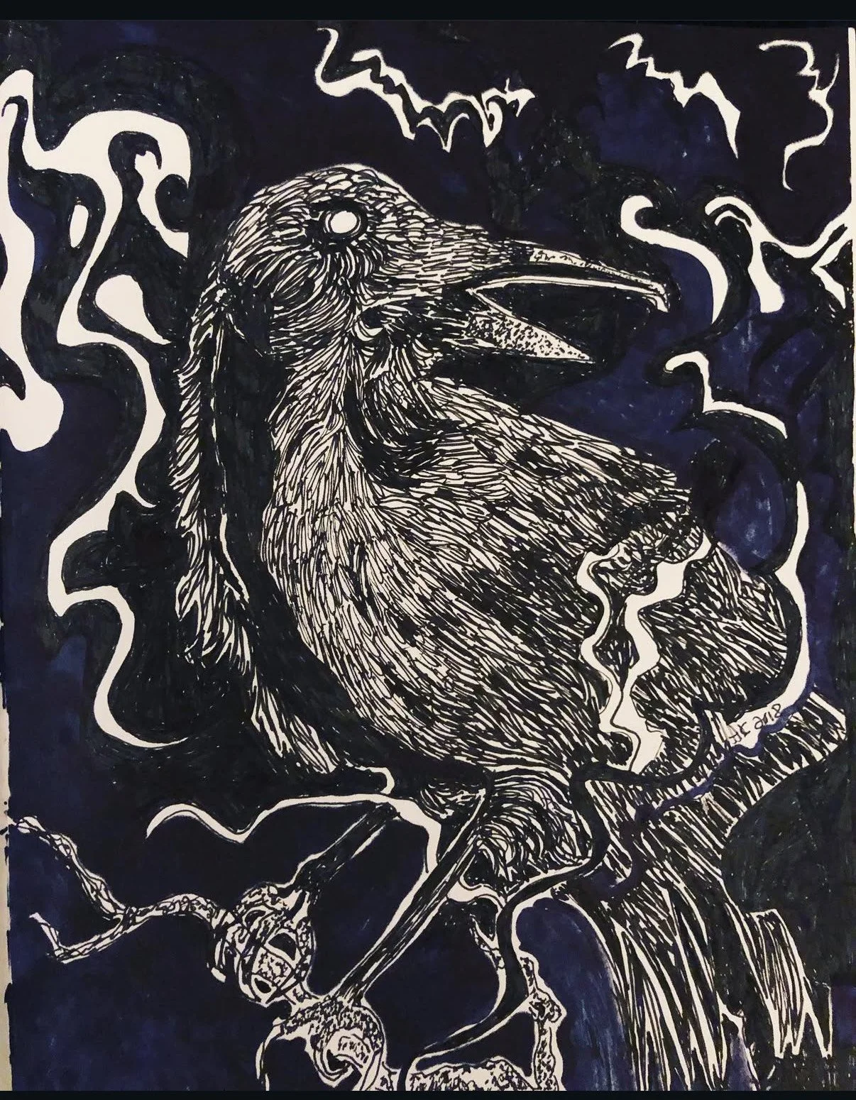 Title: Grief is a Thing with Feathers, 2019.
Ink study