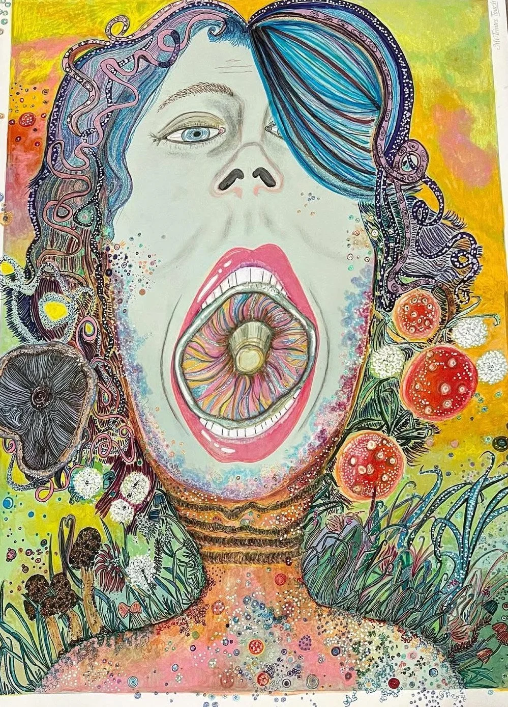 Title: Nascentes Morimur, 2022.
(In being born, we are dying)
Gouache, pen and ink, marker, and glitter on acid free paper.

Art photographed by: Jennifer Packard