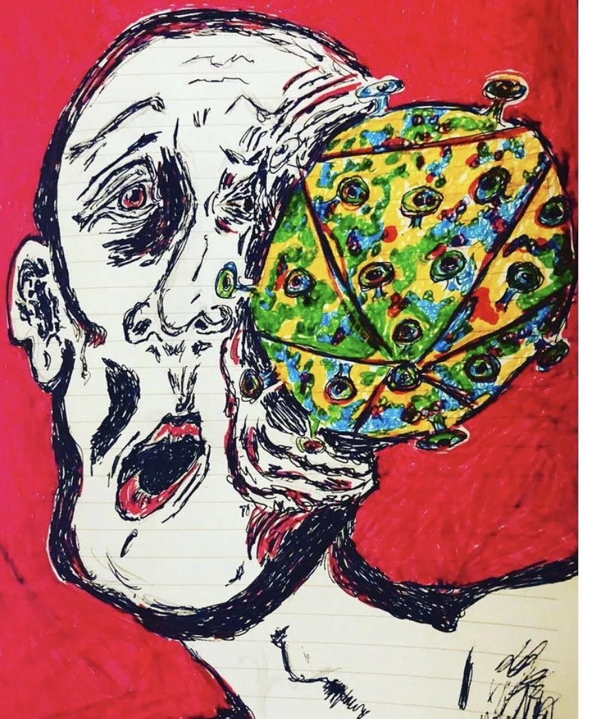 Title: Onslaught, 1984
Ink and marker.
In memory of the first contagion of my generation. HIV/AIDS was an insatiable thief.

Art photographed by: Jennifer Packard.