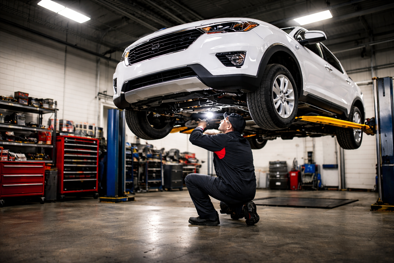 A mechanic working underneath a white SUV lifted on a hydraulic lift in an auto repair shop. The mechanic is kneeling with a flashlight, inspecting or repairing the vehicle.