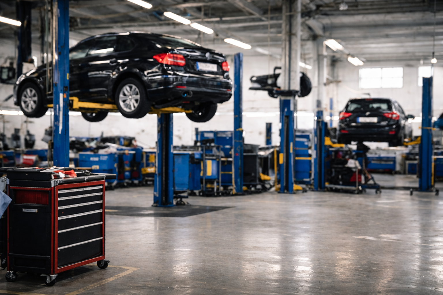 Automotive repair shop with black cars on hydraulic lifts inside a spacious industrial-style garage.
