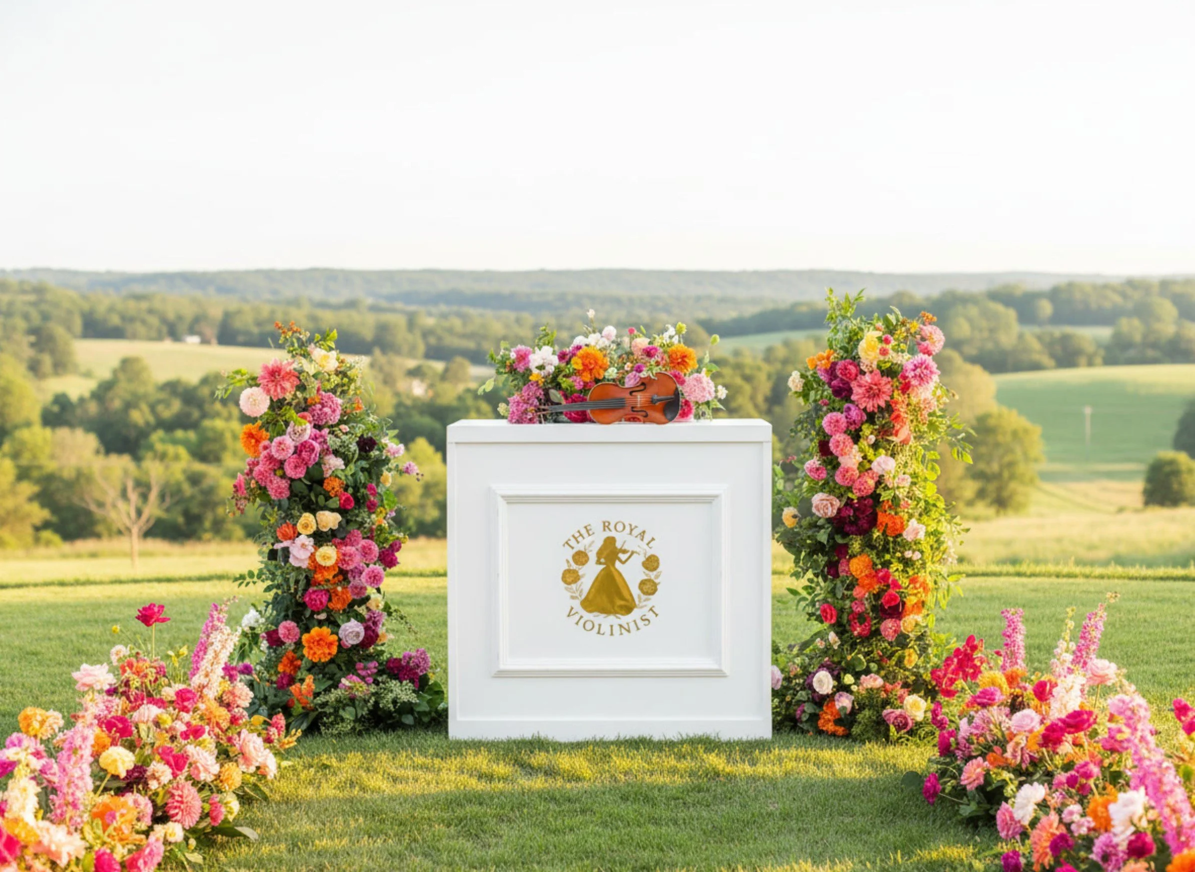 A scenic outdoor setting with a white stand labeled 'The Royal Violinist' surrounded by vibrant pink, orange, yellow, and purple flowers, with open green fields and trees in the background under a bright sky.