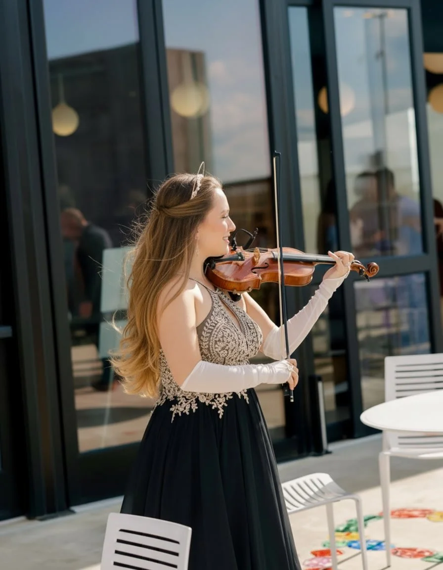 The Royal Violinist performing live violin at Ledger Bentonville in Downtown Bentonville, Arkansas