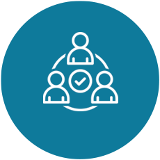 Icon of three people connected by lines with a check mark in the center, representing teamwork or collaboration.