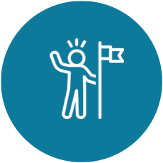 An icon of a person celebrating next to a flag, on a blue background.