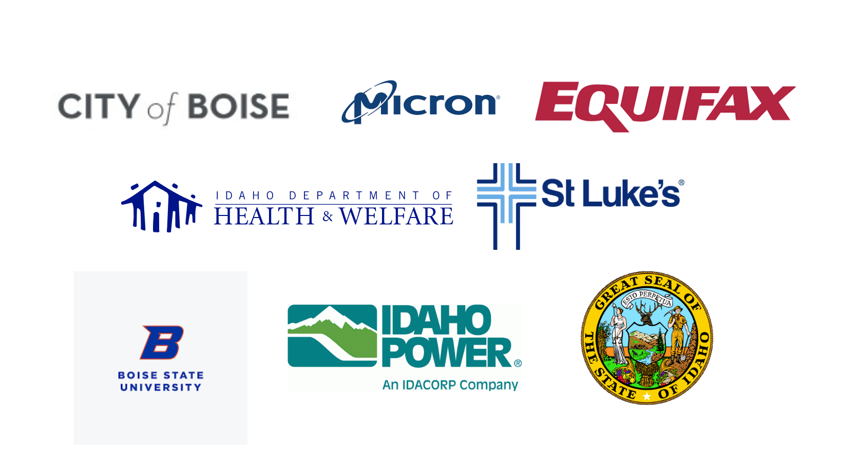 Collection of logos of various organizations, including City of Boise, Micron, Equifax, Idaho Department of Health & Welfare, St. Luke's, Boise State University, Idaho Power, and Idaho State seal.