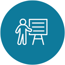 Icon of a person presenting at a chalkboard or whiteboard.