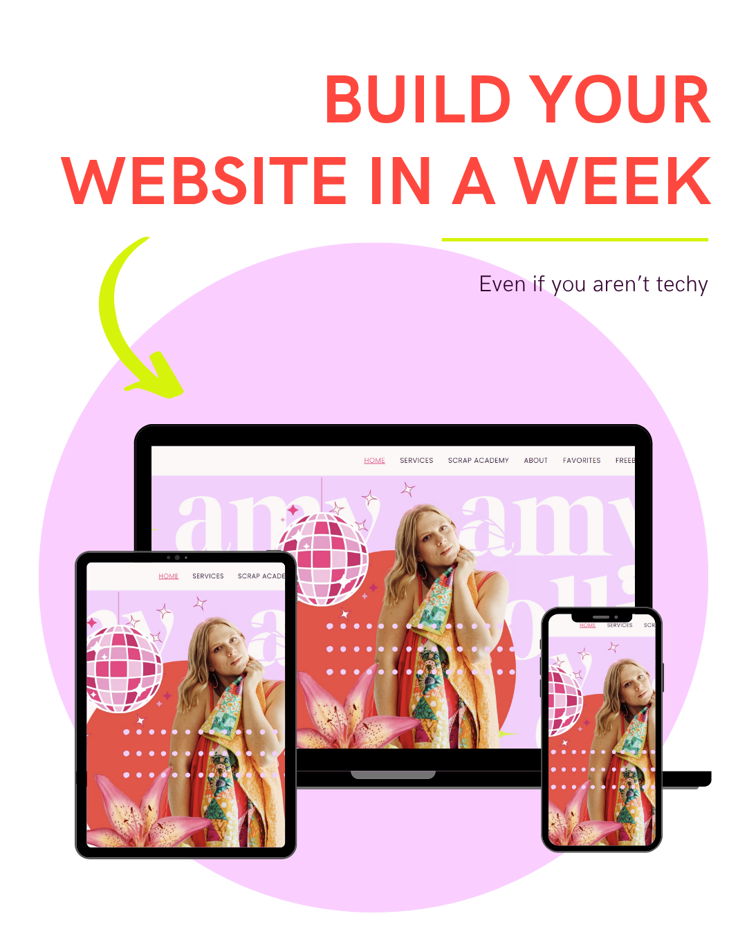 Image showing a website design displayed on a tablet, laptop, and smartphone, featuring a woman with long hair posing with flowers and colorful background elements.