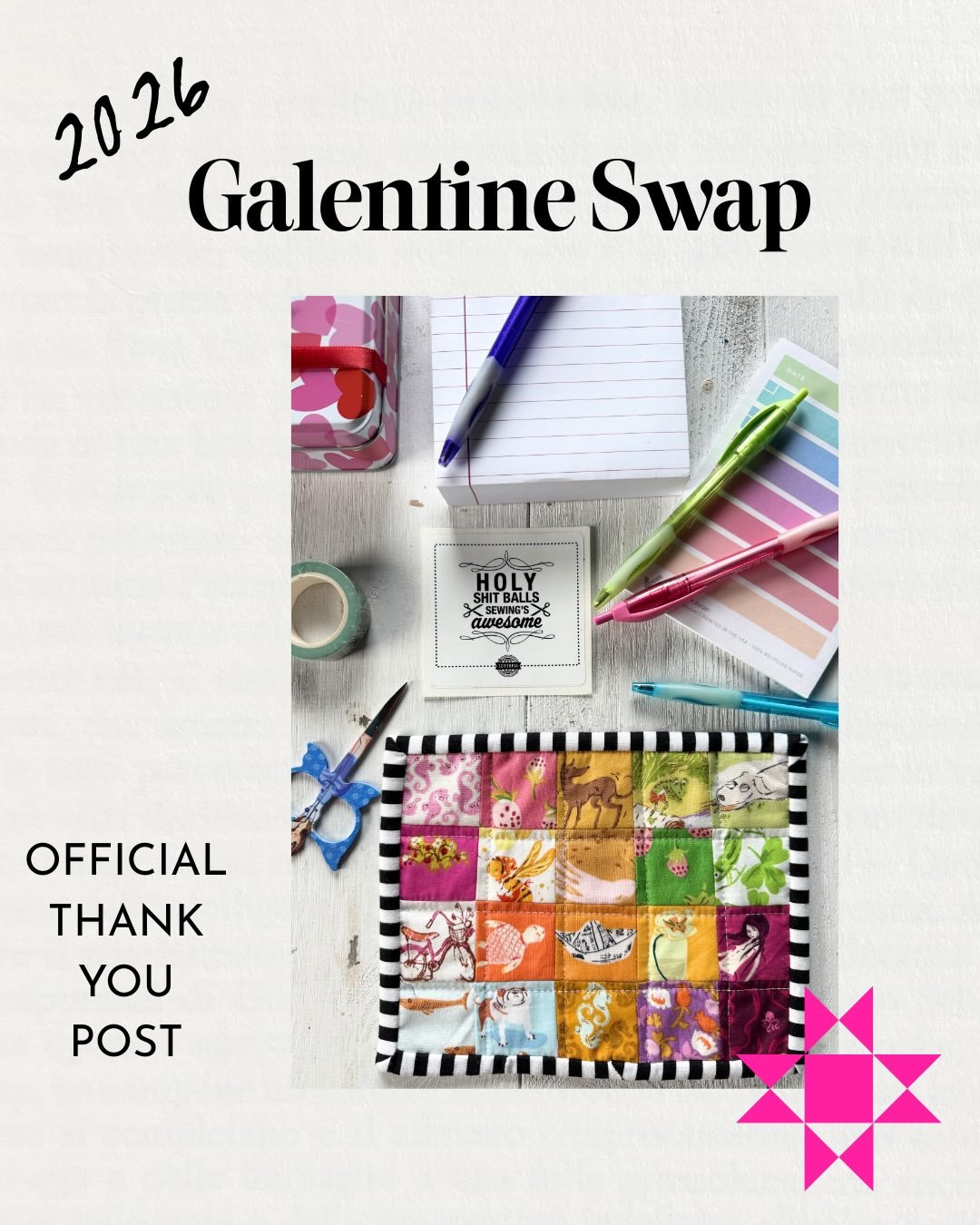 Told you I&rsquo;d be back with the formal #allthethings post!
 
Thank you for all the lovely goodies, @mushyhed 
 
(Peep the hand quilting on the mug rugs 💕🌈 )
 
#sewtopiaswap #galentinesday #quiltingismytherapy