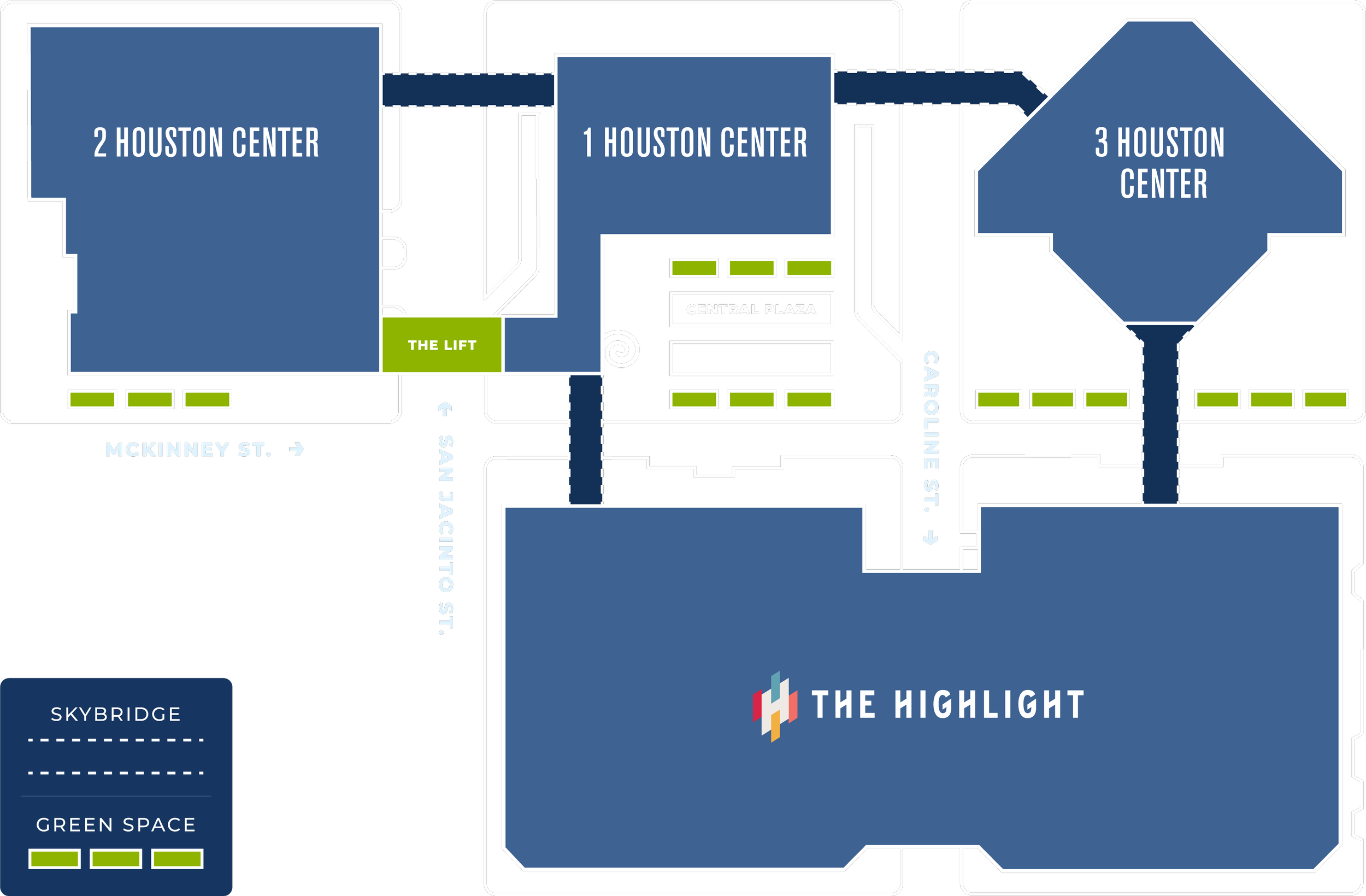 Map of the Houston Center area showing buildings labeled 1, 2, and 3 Houston Center, a large building labeled 'The Highlight', streets, parking areas, green spaces, and pathways connecting the buildings. Streets include McKinney Street, San Jacinto Street, and Caroline Street.