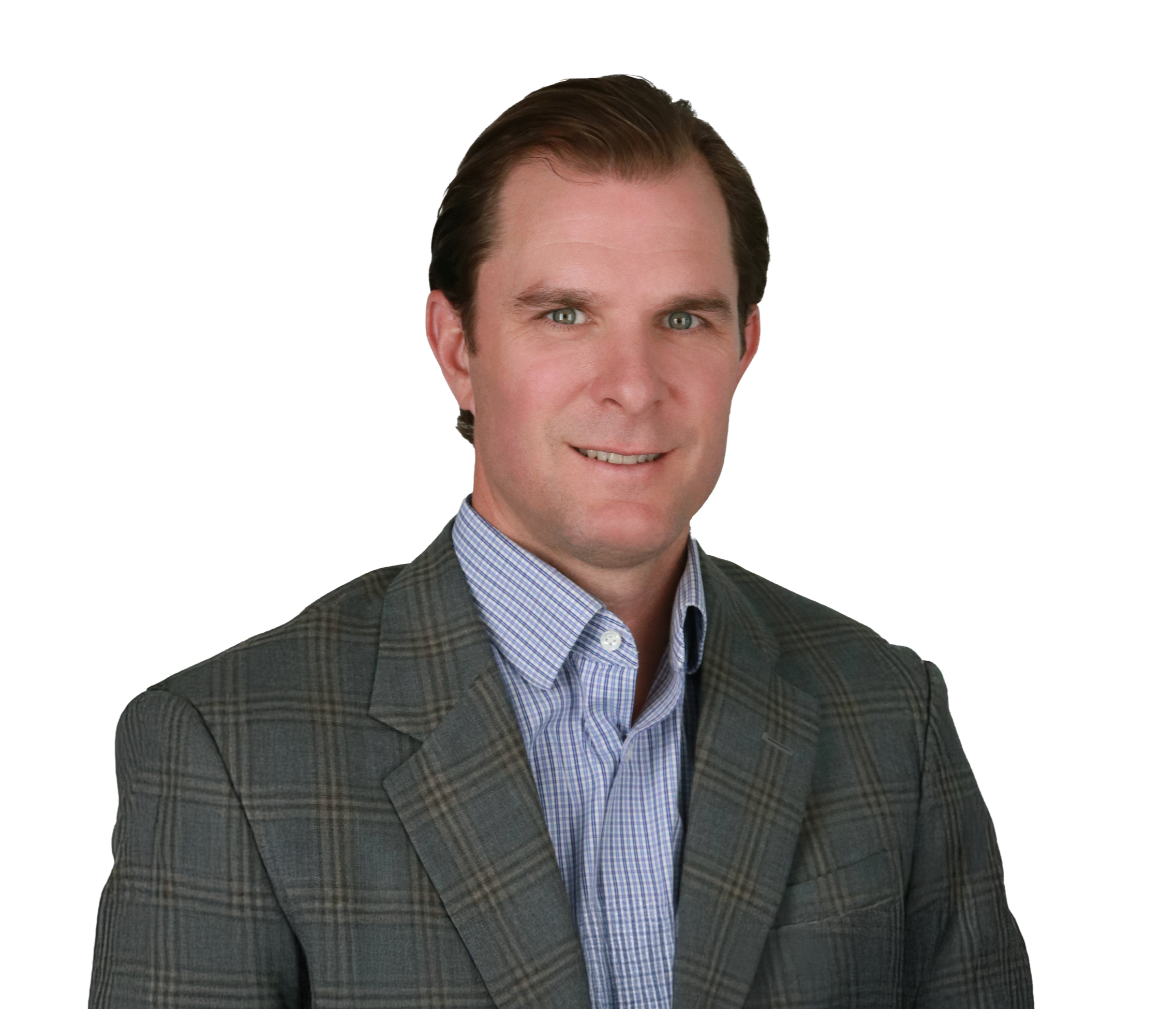 A man with brown hair wearing a gray plaid blazer and blue checkered shirt, smiling at the camera.