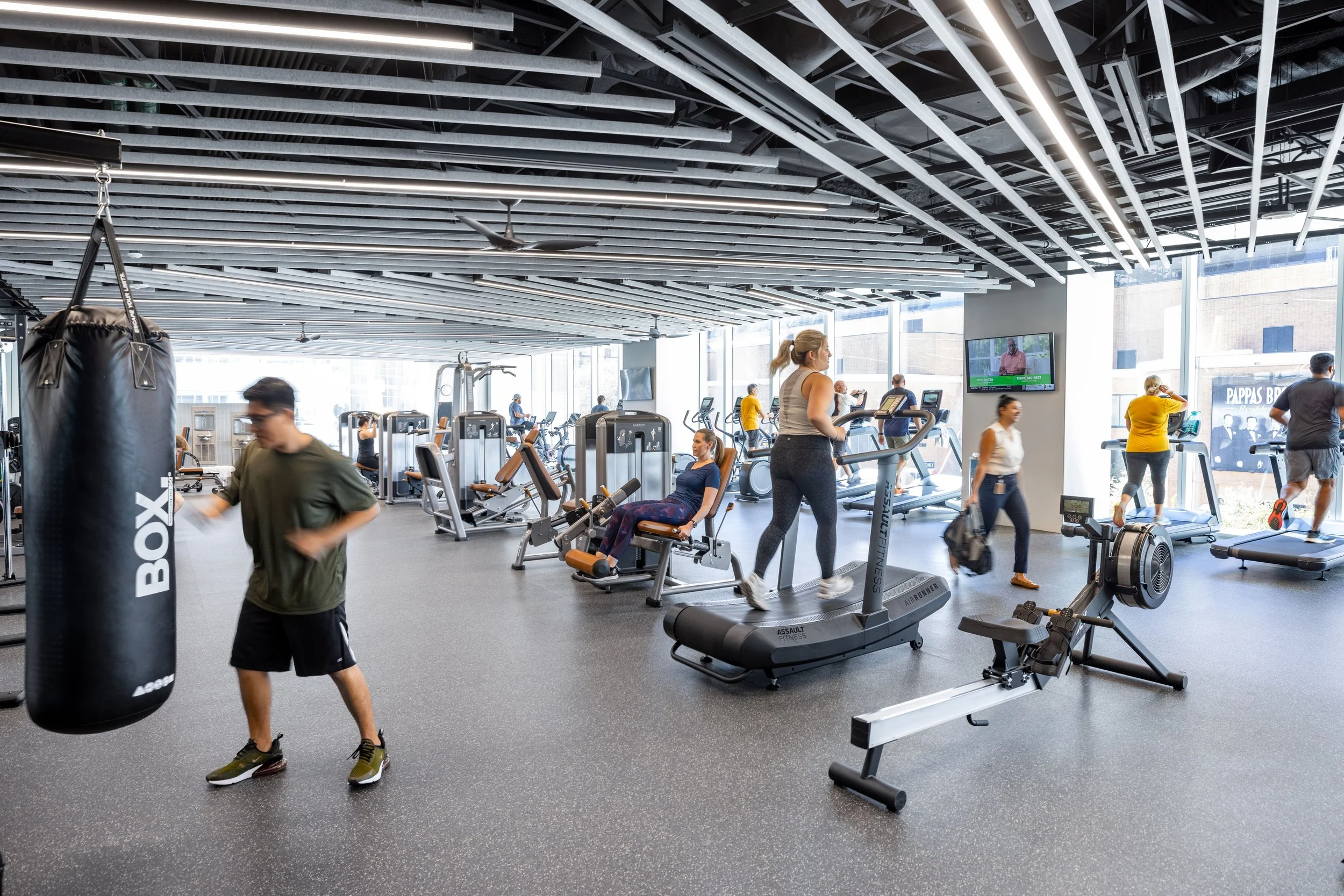 People exercising in a modern gym with cardio machines, weight equipment, and a punching bag, with large windows and a black ceiling.