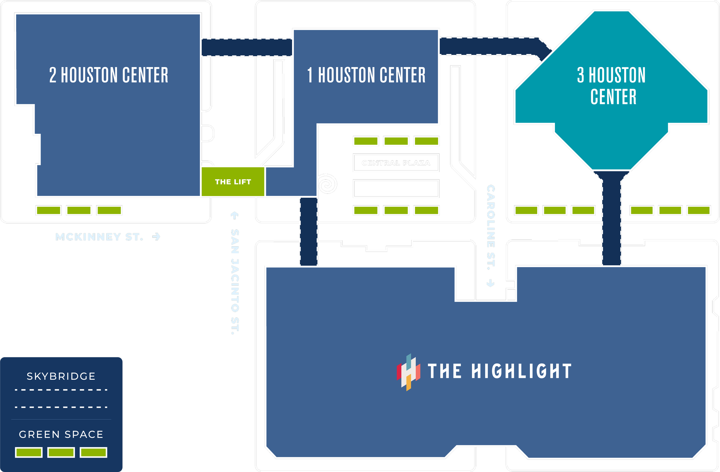 Map of Houston Center with labeled buildings: 2 Houston Center, 1 Houston Center, 3 Houston Center and The Highlight. The map shows 1 Houston Center highlighted on the top right of the four buildings.
