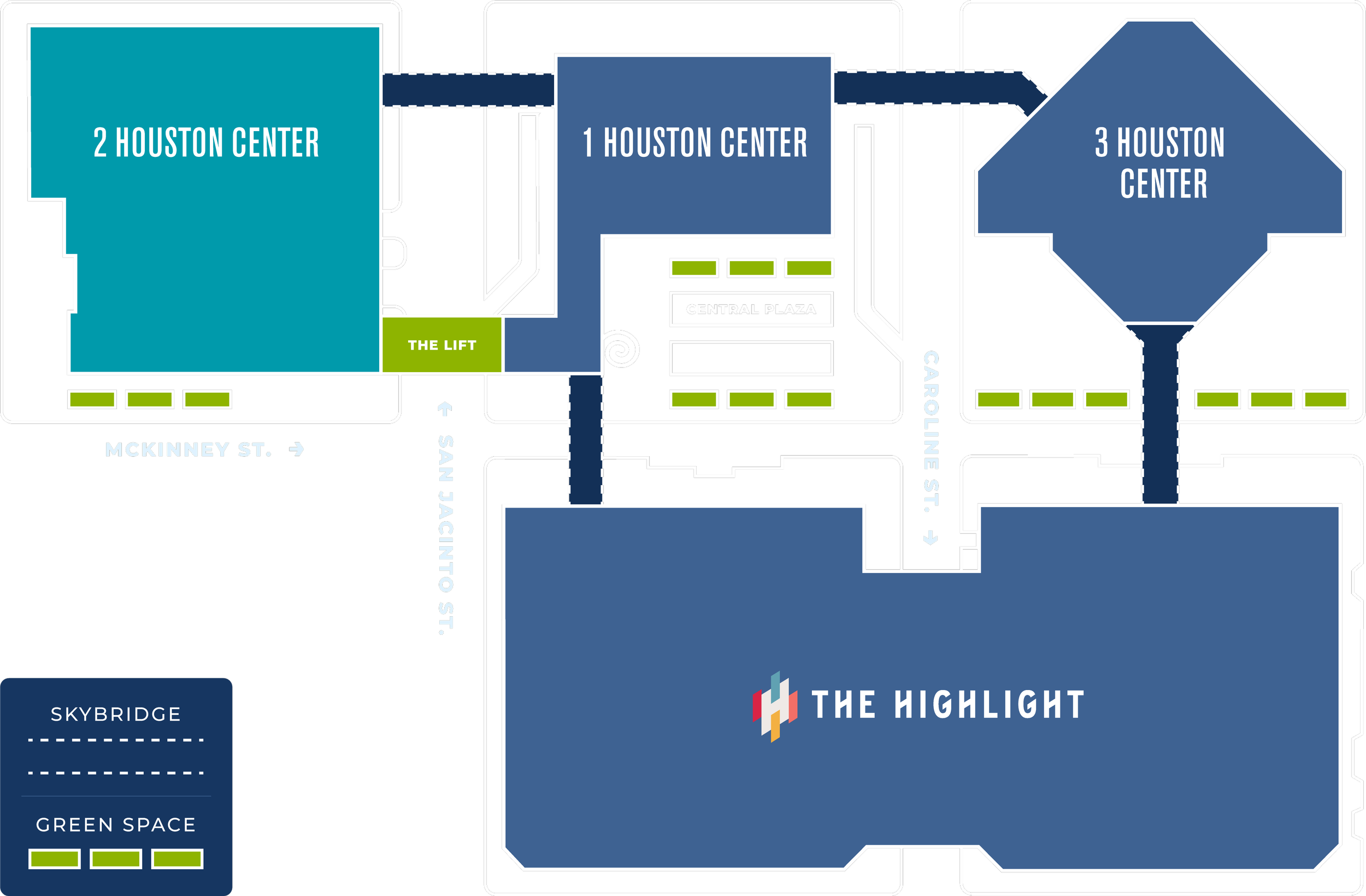 Map of Houston Center with labeled buildings: 2 Houston Center, 1 Houston Center, 3 Houston Center and The Highlight. The map shows 2 Houston Center highlighted on the top left of the four buildings.
