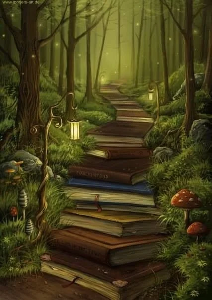 A fantasy forest scene with a staircase made of stacked books leading into a glowing, mystical forest with lanterns hanging from trees and mushrooms on the ground.