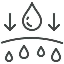 Water droplet with downward arrows and rain droplets indicating water or drainage